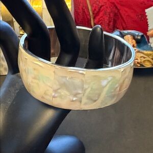 Iridescent Silver Tone Motger Of Pearl Bangle Bracelet